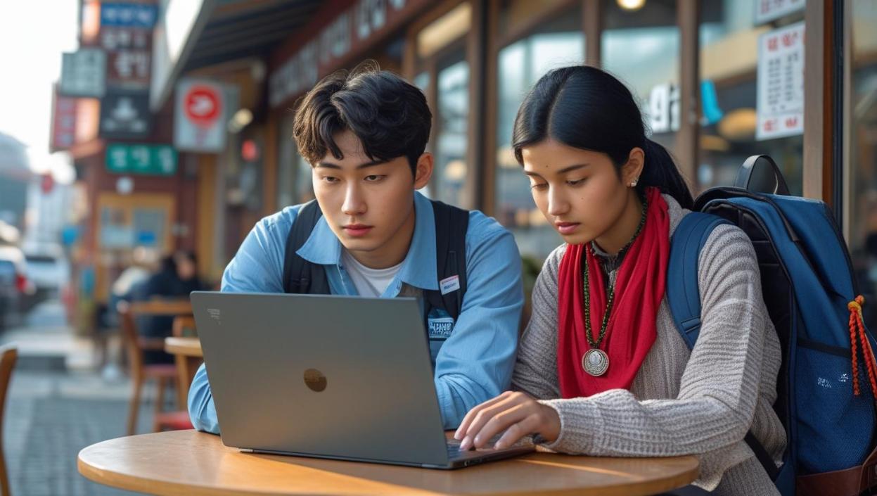 Korean man and Nepali woman viewing laptop in café with cultural elements.